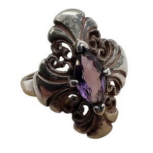 Vintage Kabana Sterling Silver Marquise Amethyst Filigree Ornate Ring Size 7.5